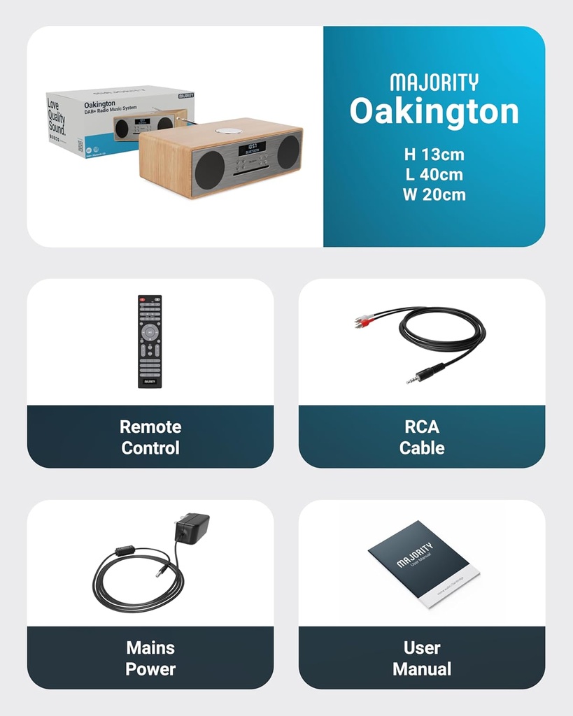 Majority OAKINGTON (Oak) Mini HiFi System 120W with CD Player, Bluetooth, FM Radio, USB Play & Phone Charging