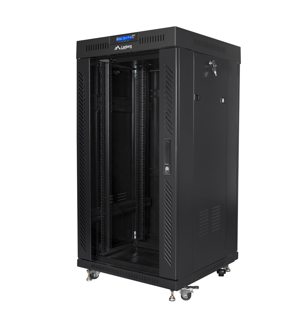 Lanberg Free Standing Cabinet 19'' with Glass Door 22U 60cm Ventilation Panel with LCD, 2 Fans & Thermostat Black (not a