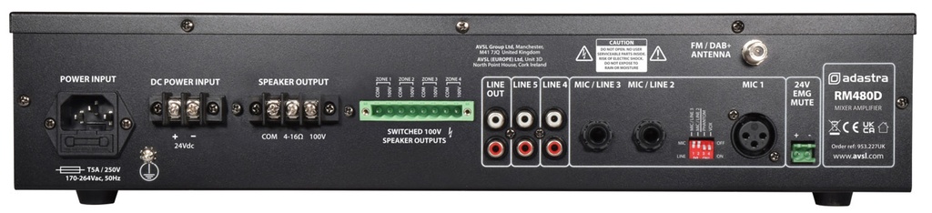 Adastra PA 100V Amplifier RM480D 480W FM/DAB/USB/BT/4Z 953.227UK