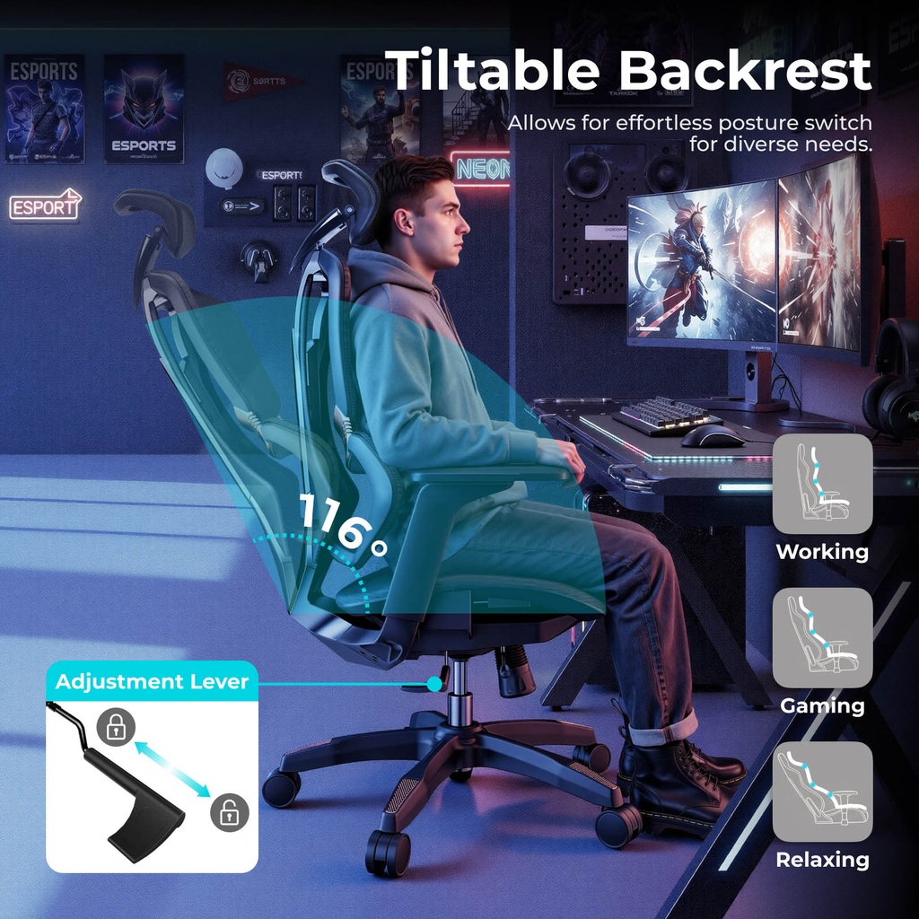 Lumivida Gaming/Office Chair Ergonomic Mesh Lumbar Support Adjustable Seat/Armrest CH09-8 Black