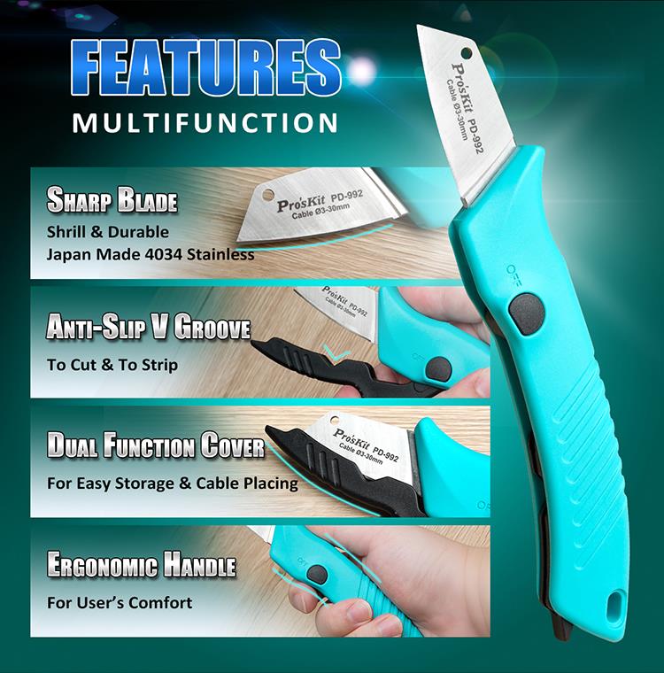 Proskit PD-992 Super Sharp Electricians Knife Anti Slip & Ergonomic with Dual Function Cover
