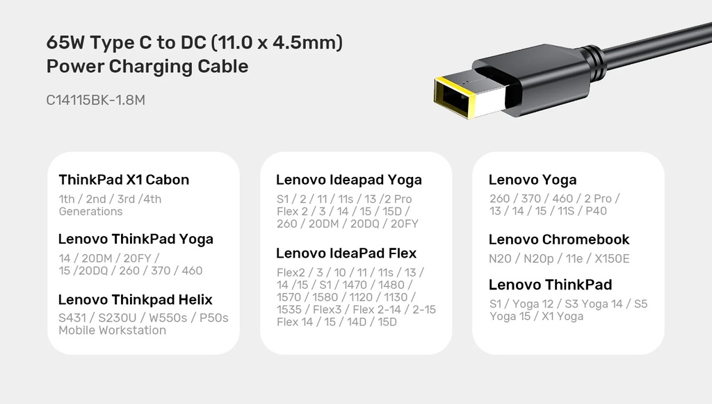Unitek UCL USB-C to DC Cable 1.8m 65W for Lenovo 11x4.5mm C14115BK
