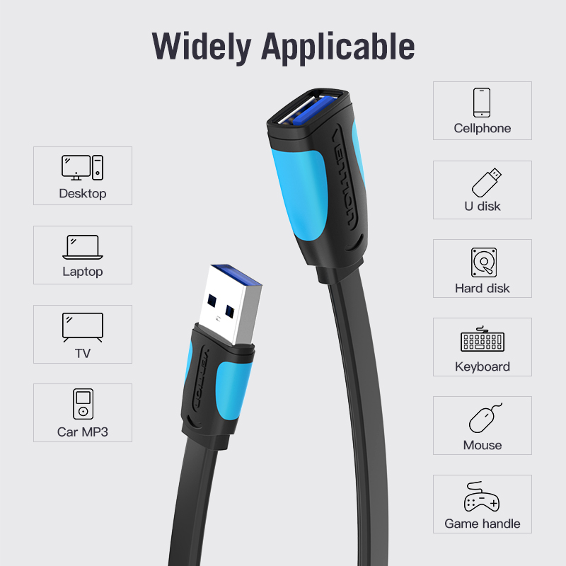 Vention IT Cable USB-A 3.0 M-F Extension Flat 2.0m Black VAS-A13-B200