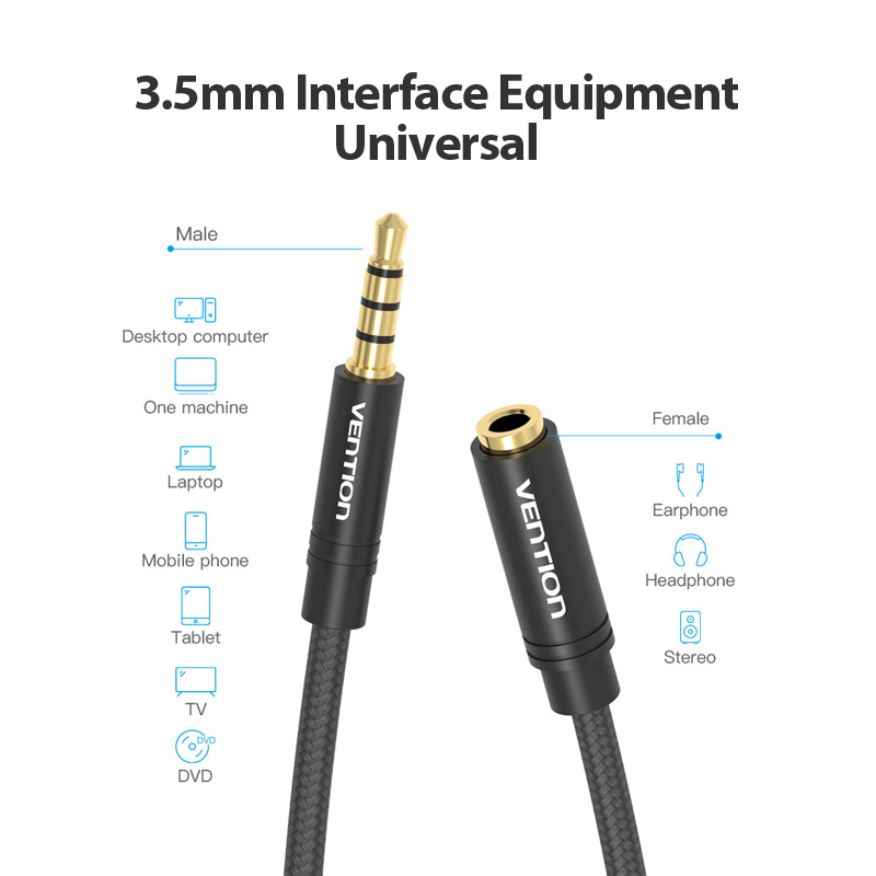Vention AUDIO 3.5mm M-F Extension Cable Metal & Braided 2.0m BHBBH