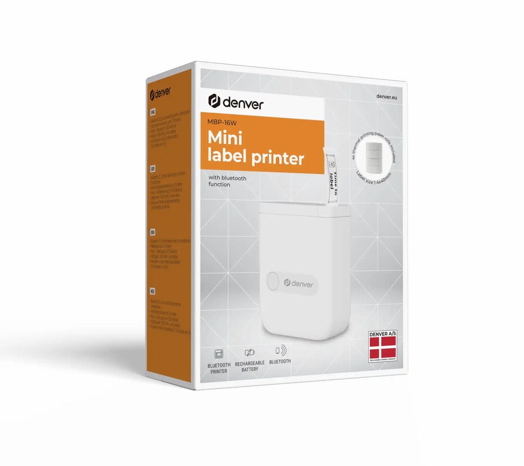 Denver MBP-16W Mini Thermal Label Printer with Bluetooth, Prints via Phone APP, Including 4x Label Rolls