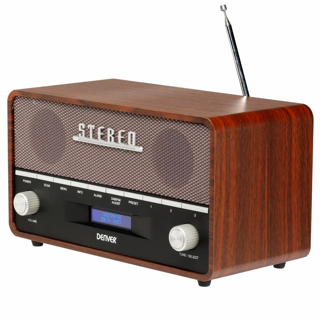 Denver DAB-36 Real Wood Retro FM Radio with Bluetooth & Alarm Clock (Works with Mains Power or 4xC Batteries)