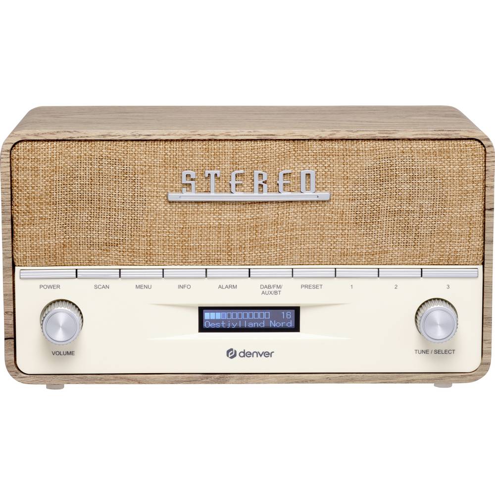 Denver DAB-36LW Real Wood Retro FM Radio with Bluetooth & Alarm Clock (Works with Mains Power or 4xC Batteries)