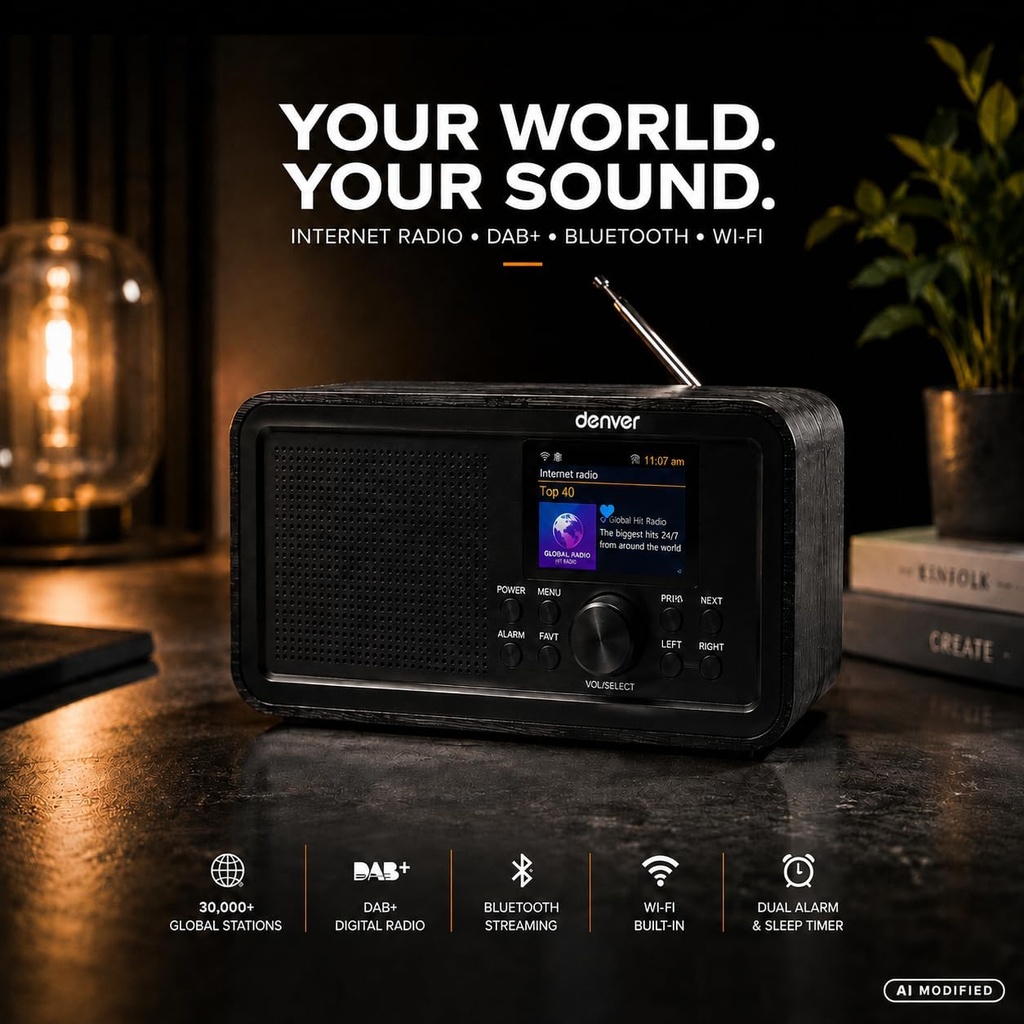 Denver DIR-200 WiFi Internet Radio with FM, Bluetooth & Colour Display (Works via Mains or 4xAA Batteries)