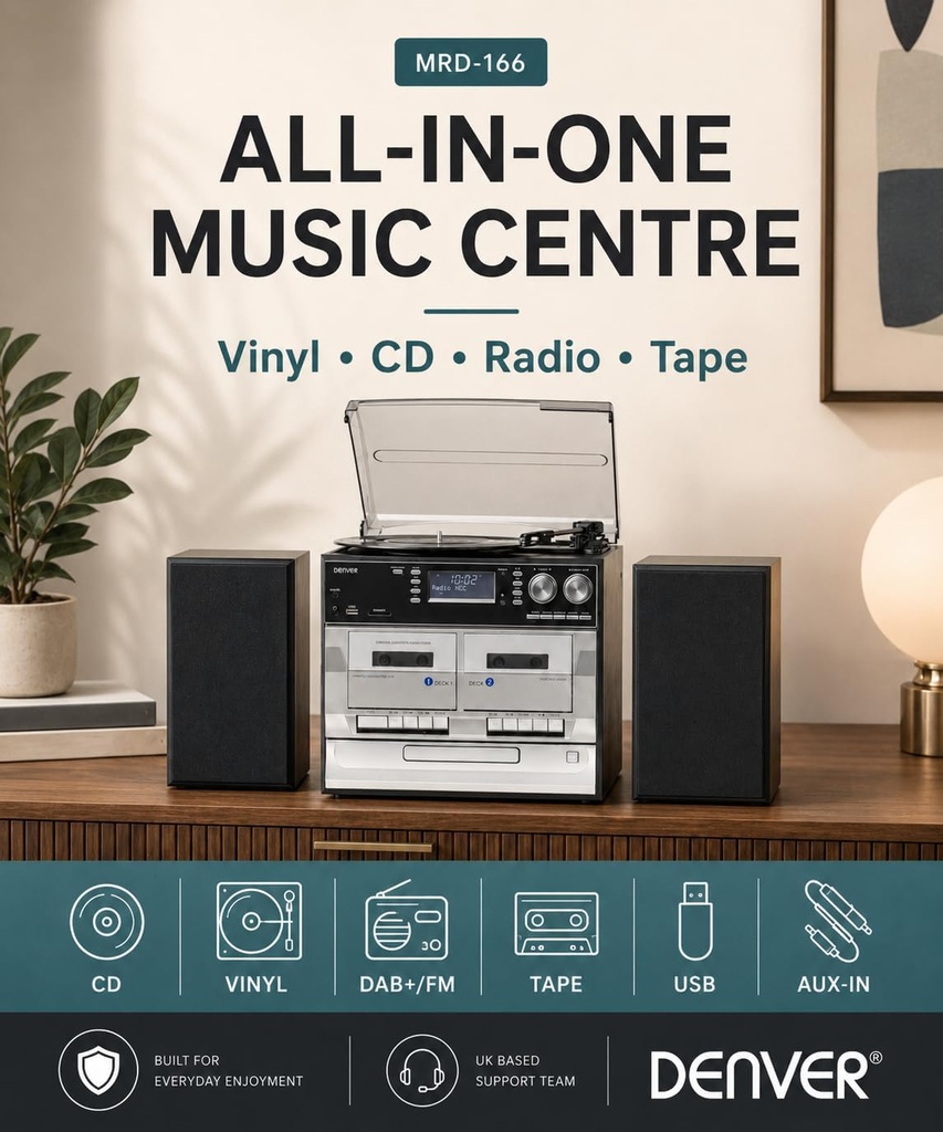 Denver MRD-166 Retro Music System with Turntable, CD, Cassette, FM, USB/SD & USB Recording