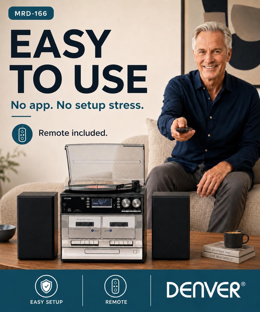 Denver MRD-166 Retro Music System with Turntable, CD, Cassette, FM, USB/SD & USB Recording