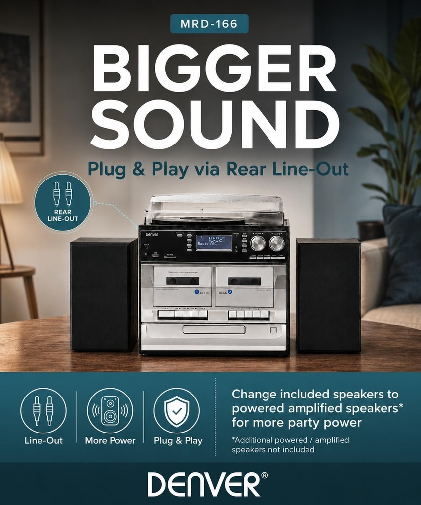 Denver MRD-166 Retro Music System with Turntable, CD, Cassette, FM, USB/SD & USB Recording