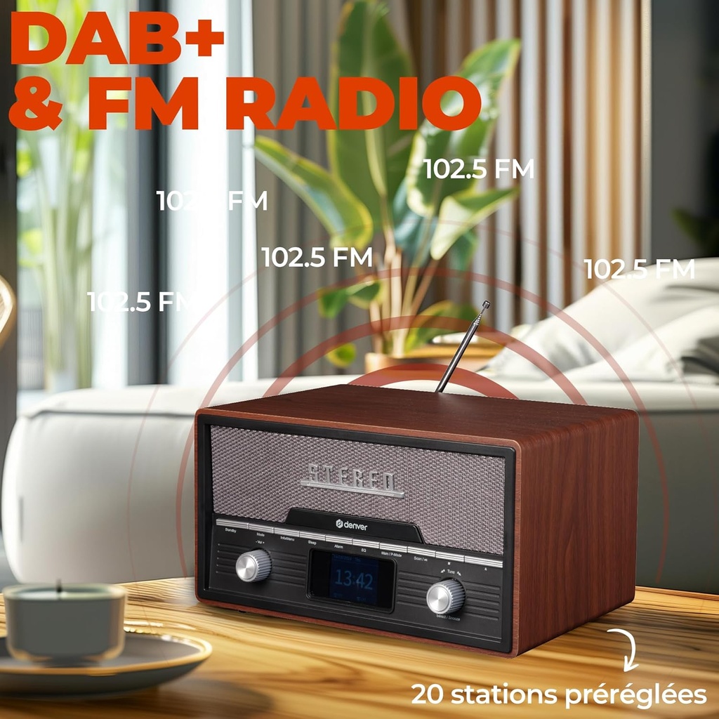 Denver MDA-525DW Dark Wood Retro Style Music System with CD, Bluetooth, FM Radio