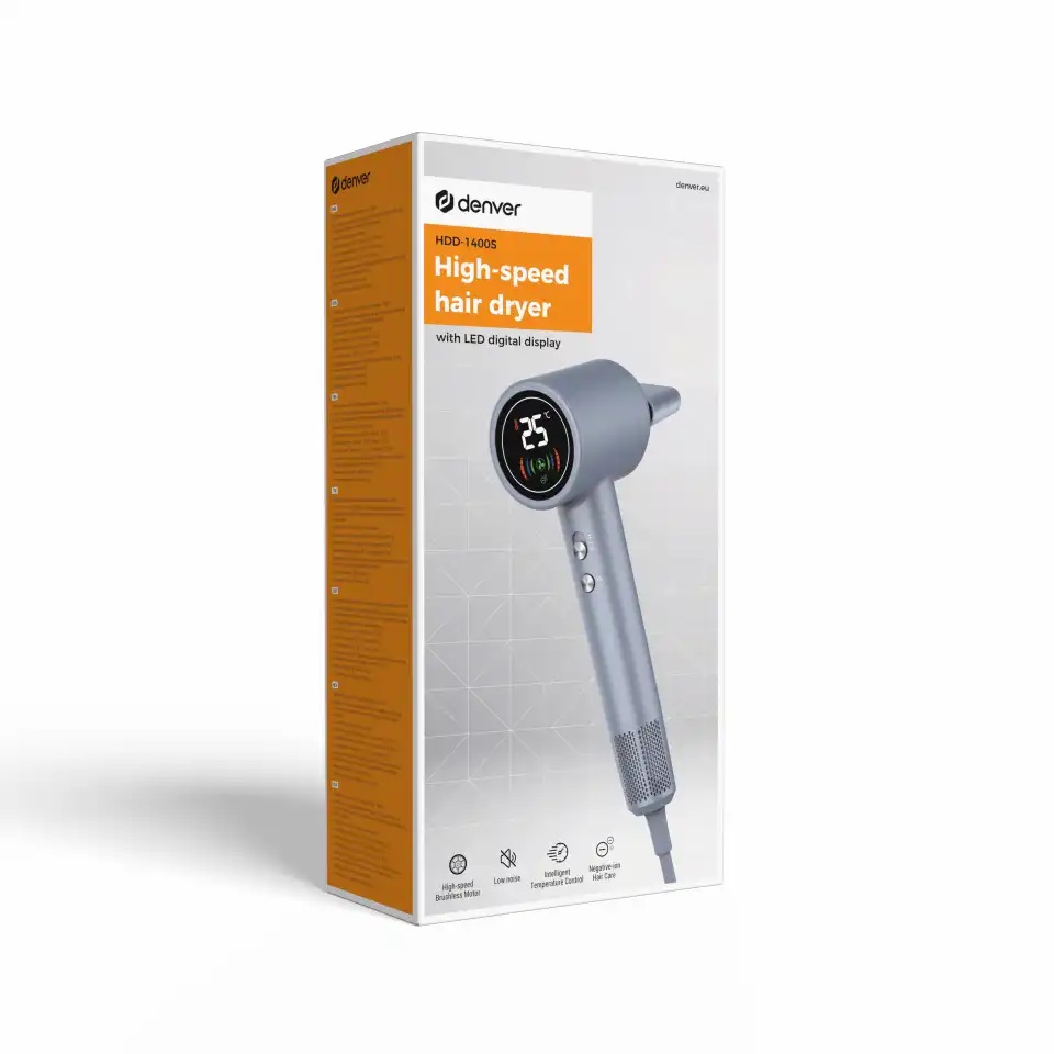 Denver Home Hair Dryer 3 Temperature Settings & LED Display HDD-1400S Silver