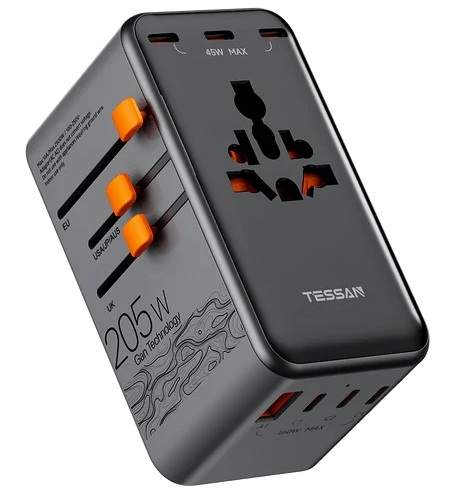 Tessan Universal World Travel Adaptor 1xUSBA 6xUSBC 205W TS-WTA13-BK