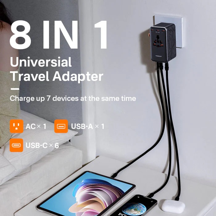 Tessan Universal World Travel Adaptor 1xUSBA 6xUSBC 205W TS-WTA13-BK