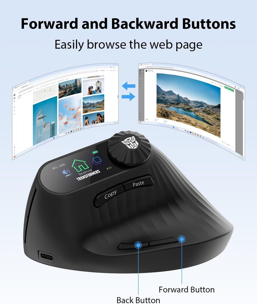 Transformers Mouse Wireless , Vertical Ergonomic, Tri-Mode Bluetooth/2.4G/Wired, LED Screen , Knob Control TF-VM02 Black