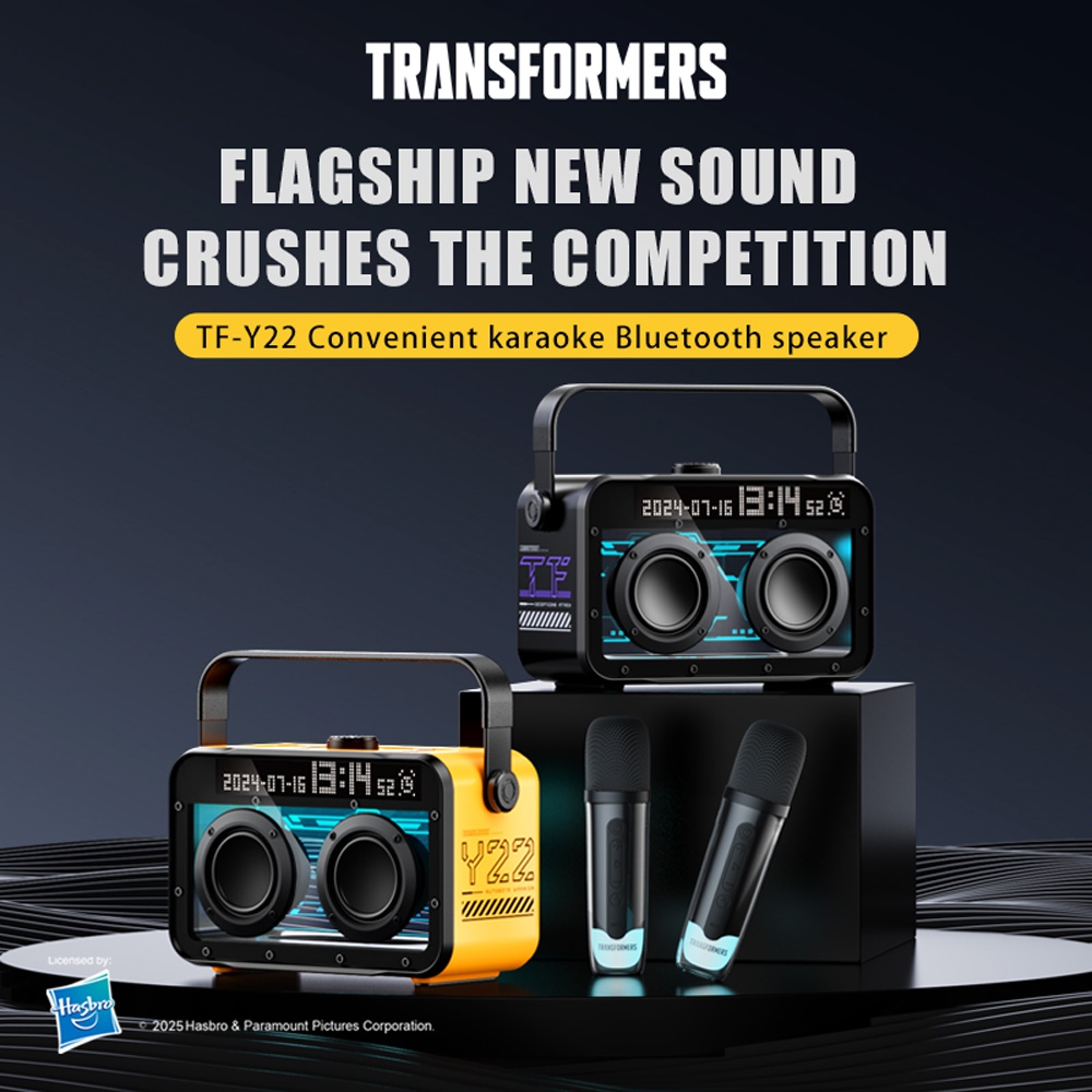 Transformers Y22 Black Portable Karaoke Party Speaker with 2 Wireless Microphones, Lyrics Display & Voice Changer