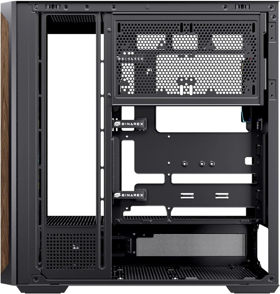 Einarex PC Case ATX P800 Core Black , Wood Front Panel, Tempered Glass Side Panel , 1 Rear Fan Pre-Installed