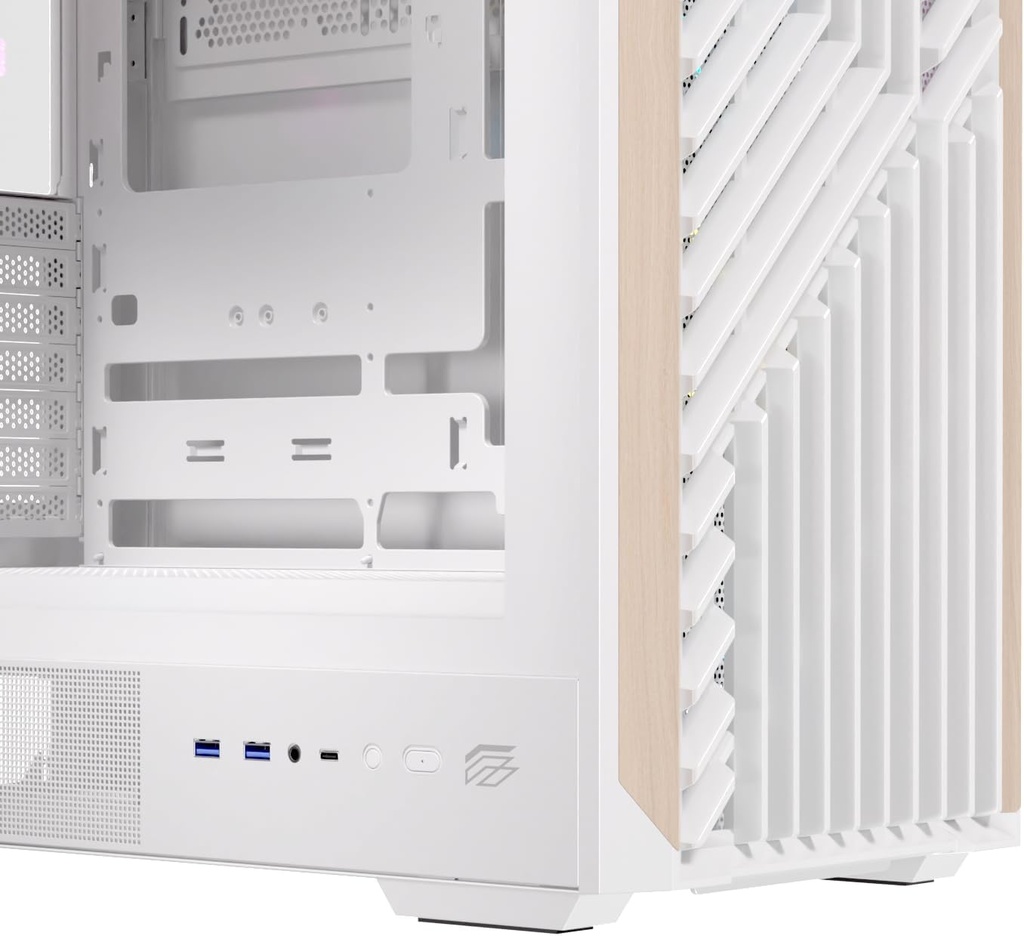 Einarex PC Case ATX P800 Core Black , Wood Front Panel, Tempered Glass Side Panel , 1 Rear Fan Pre-Installed White