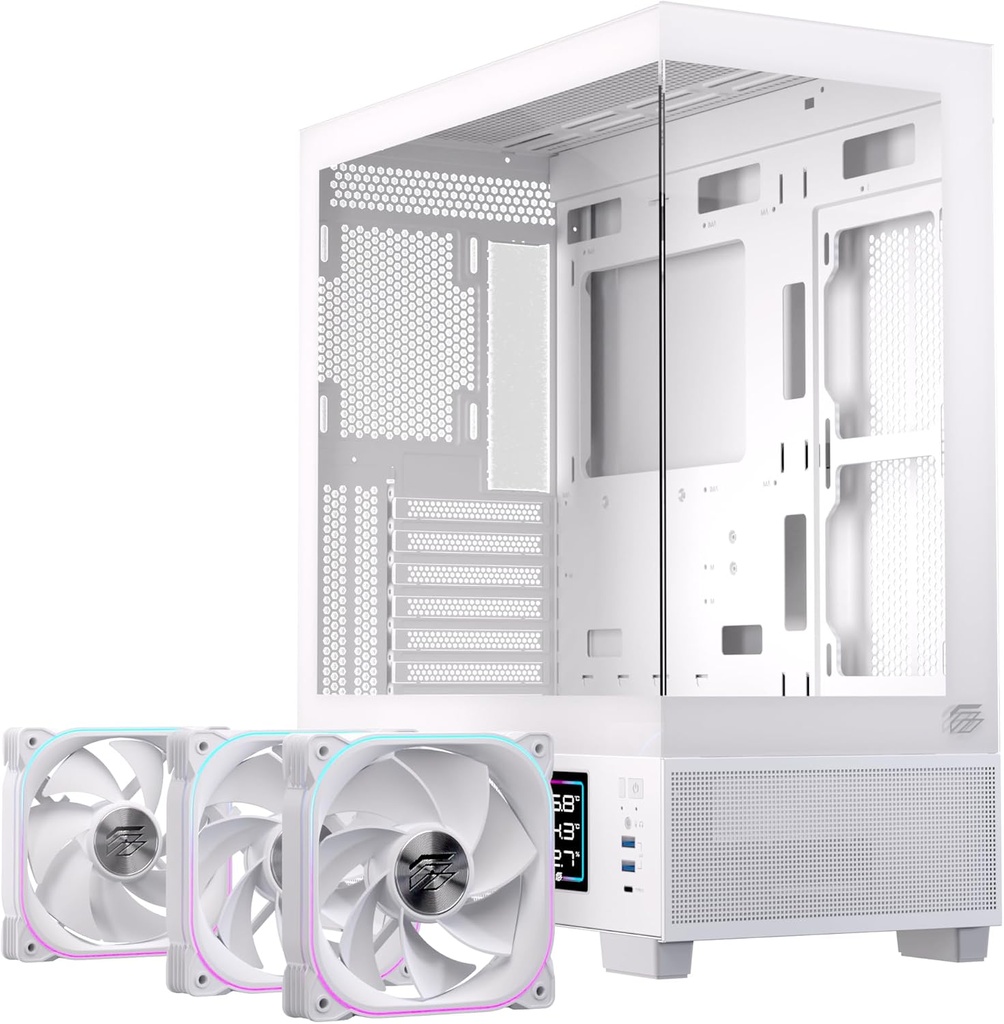 Einarex PC Case ATX S501D RGB , 3x Pre-Installed Fans , Display, White