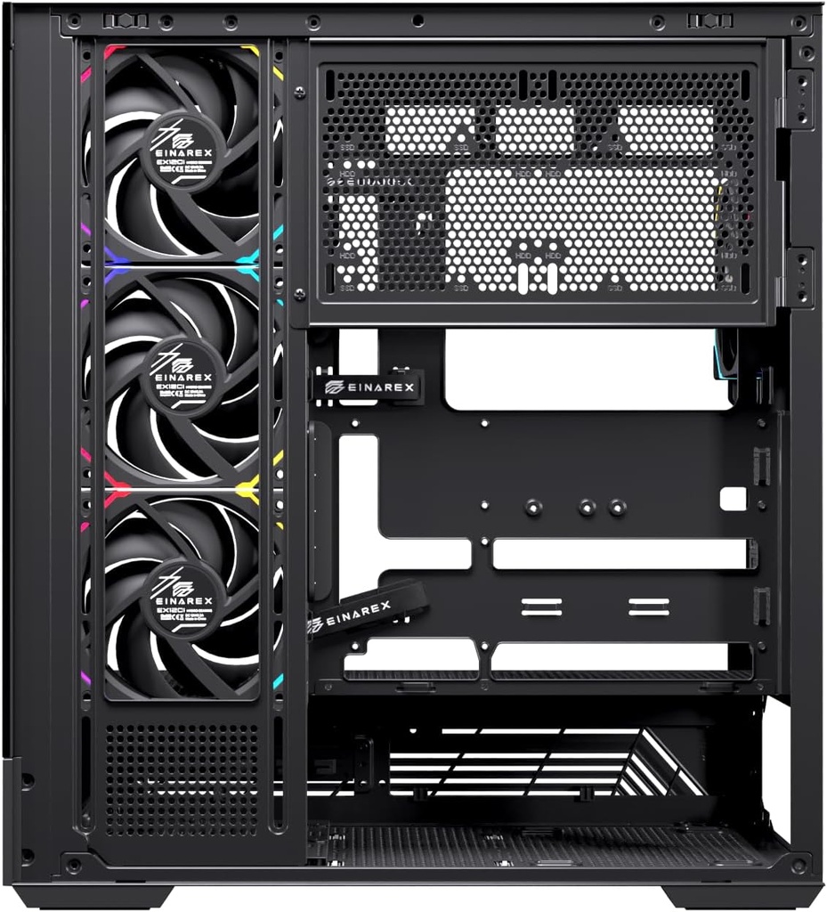 Einarex PC Case ATX S800 RGB, Tempered Glass Front and Side Panel, 4x Pre-Installed Fans, Black