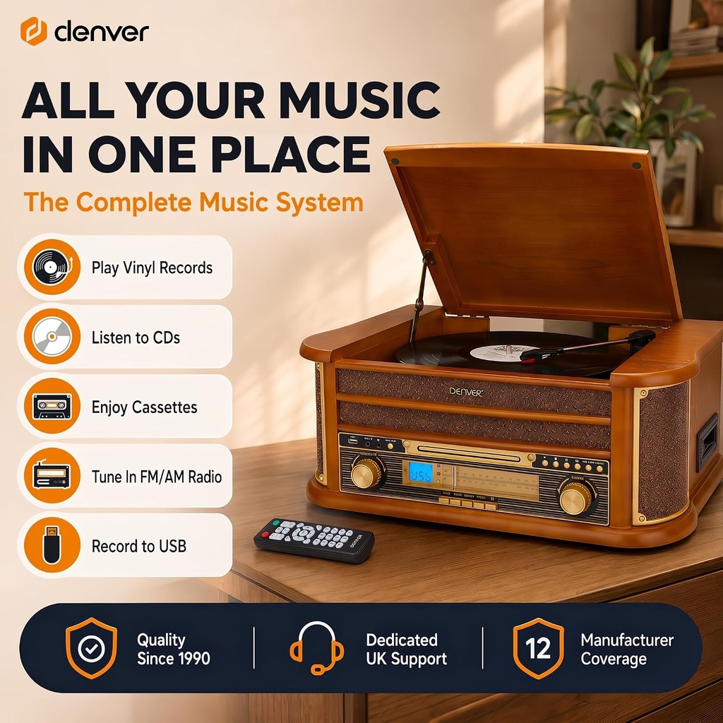 Denver AUDIO HiFi System with Turntable, CD, Cassette, FM & USB MCR-50MK3 Brown Wood