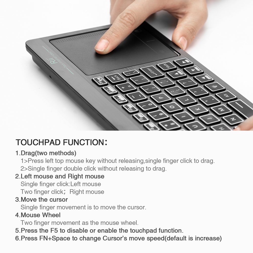 Rii Mini Keyboard Wireless 2.4GHz & Bluetooth with Large Touchpad & Media Keys RGB RT518S