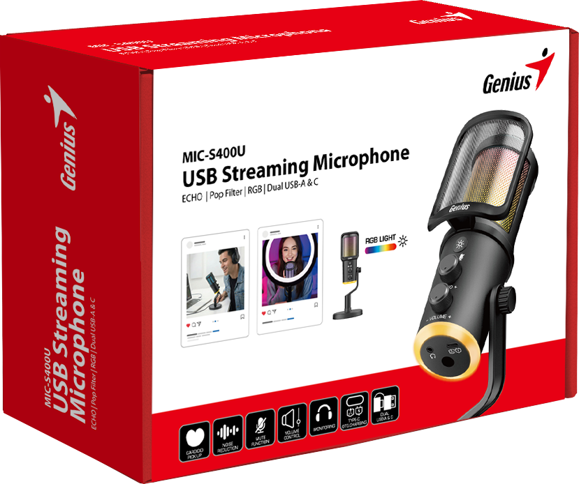 Genius PC Microphone Streaming USB-A+C RGB/Echo/Mute MIC-S400U
