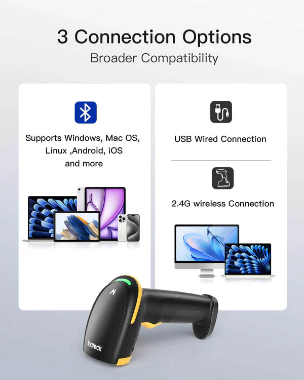 Inateck Barcode Scanner CMOS 1D/2D Wireless 2.4GHz/Bluetooth USB-A 2600mAh Charging Base AI BCST-36 Black