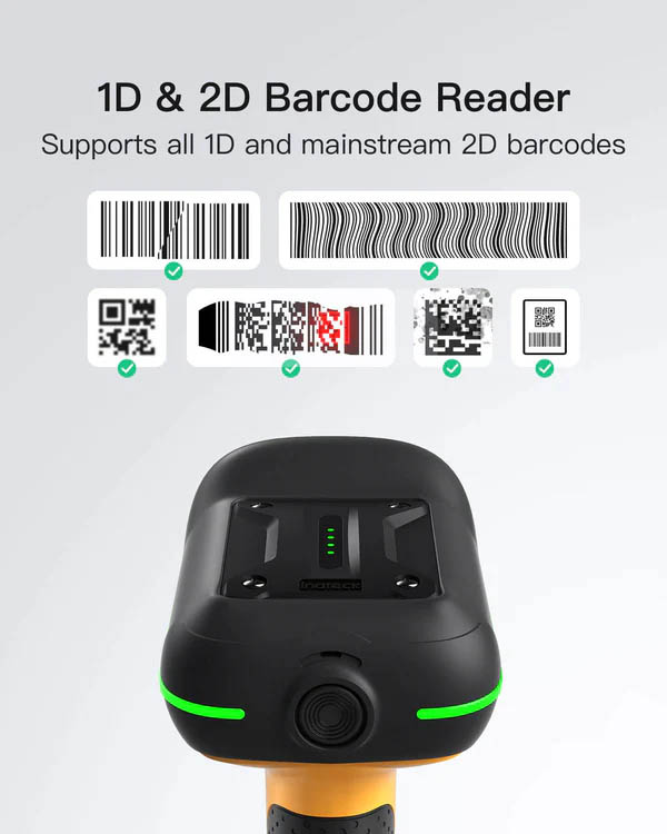 Inateck Barcode Scanner 1D/2D Wireless 2.4GHz/Bluetooth USB-A 2600mAh Smart Charging Base AI Industrial BCST-75S Black