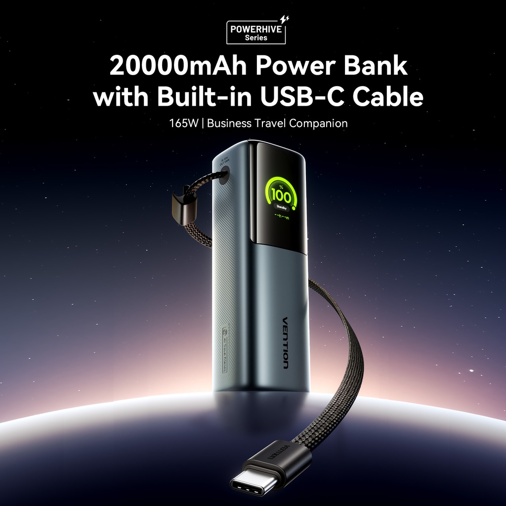 Vention Powerbank 20000mAh 165W 3xUSBC+USBA TFT Display +100W Cable FKFH0