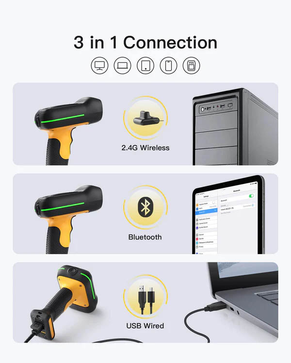 Inateck Barcode Scanner 1D/2D Wireless 2.4GHz/Bluetooth USB-A 2600mAh Smart Charging Base AI Industrial BCST-75S Black
