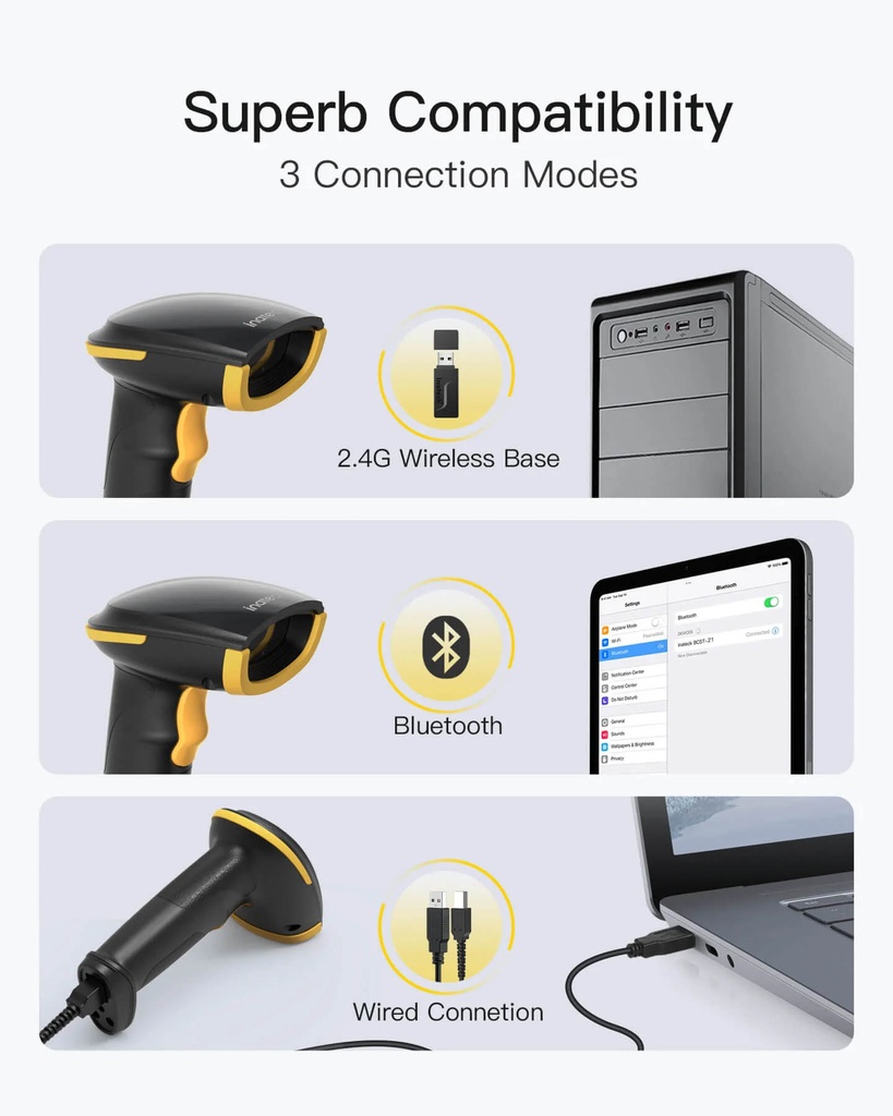 Inateck Barcode Scanner CMOS 1D/2D Wireless 2.4GHz/Bluetooth USB-A 2600mAh BCST-23 Black