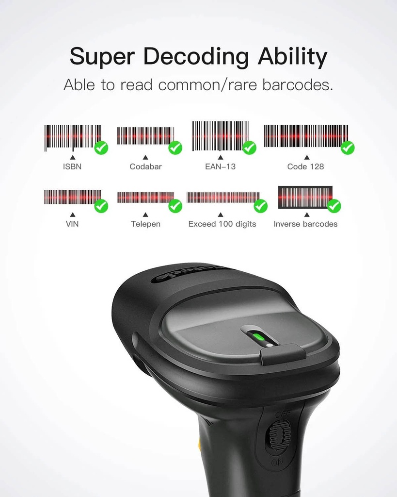 Inateck Barcode Scanner CCD 1D Wireless 2.4GHz/Bluetooth 2600mAh P7 Dark Grey