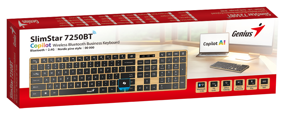 Genius Keyboard Wireless & BT AI Hot Keys Nordic Pine Style SlimStar 7250BT