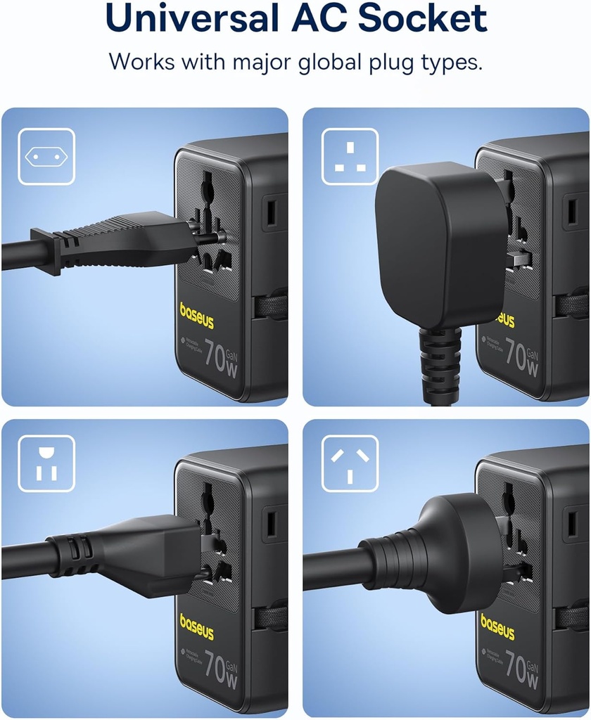 Baseus Charger Wall 70W EnerCore CG11 Universal Travel Adapter with Retractable Cable s Black