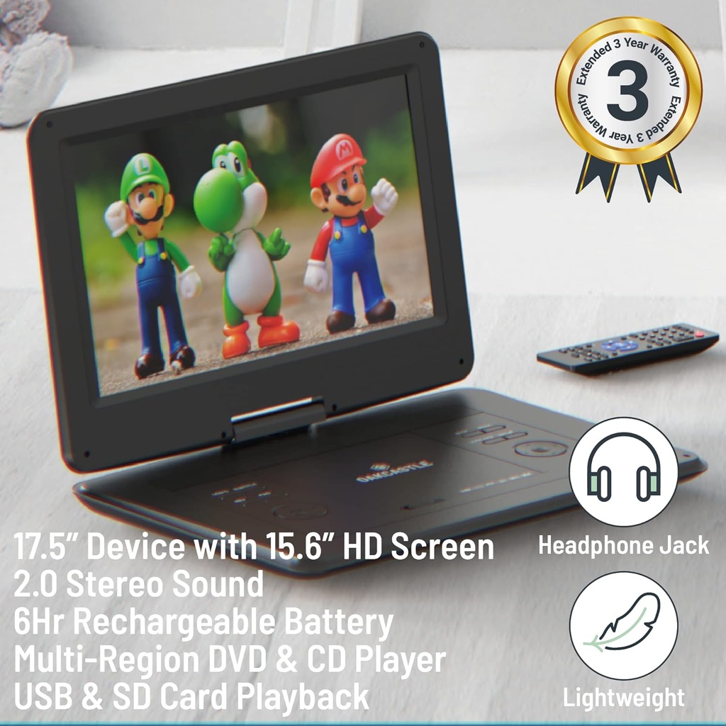 Oakcastle Portable & Rechargeable 15.6'' DVD Player with Swivel & Flip HD Screen