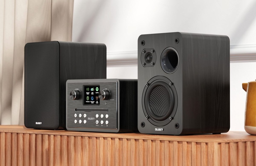 Majority HOMERTON Mini HiFi System with 2x60W Speakers, CD Player, Internet Radio, Bluetooth, FM Radio, USB Play & Charg