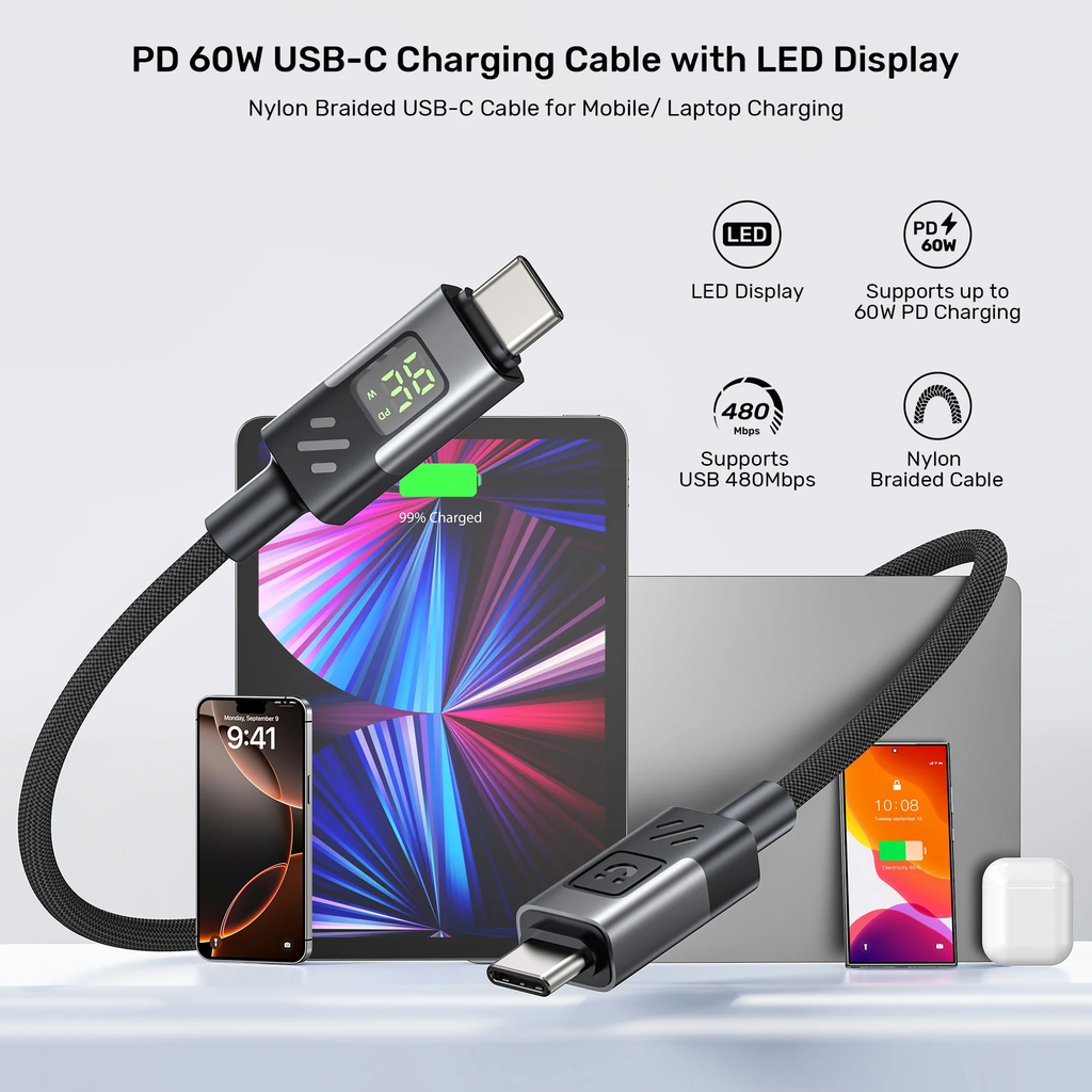 Unitek USB-C Cable PD60W Braided with Display 3.0m C14158A-3M