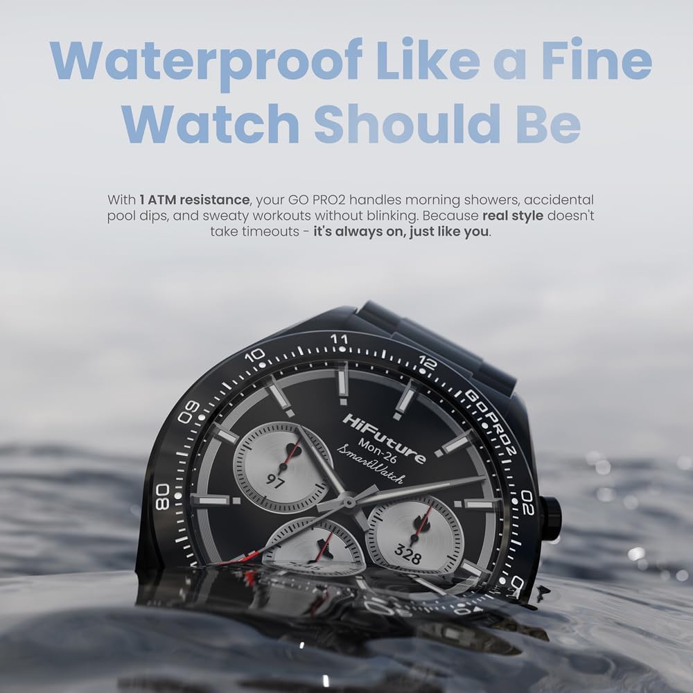 HiFuture GO PRO2 Black Luxury Swiss-Inspired Elegance Stainless Steel SmartWatch with AMOLED Display, 10 Day Battery, 1A