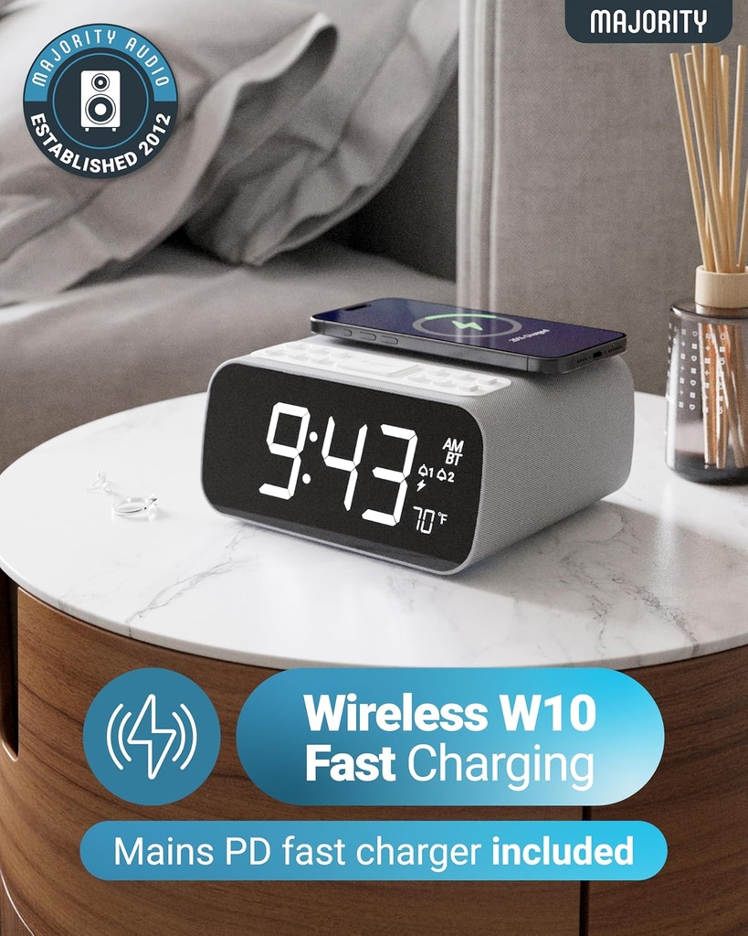 Majority Darwin Bedside Radio with Alarm Clock, Wireless Charger, FM, Bluetooth & Built-in Thermometer