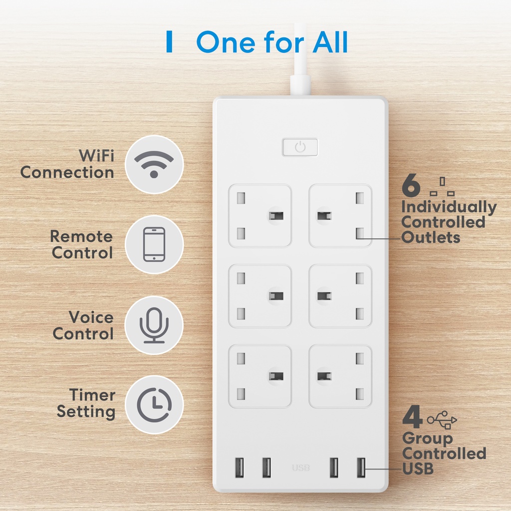 Meross Smart WiFi Powerstrip With 6 x AC sockets and 4 x USB ports 1.8m MSS426HK-UK