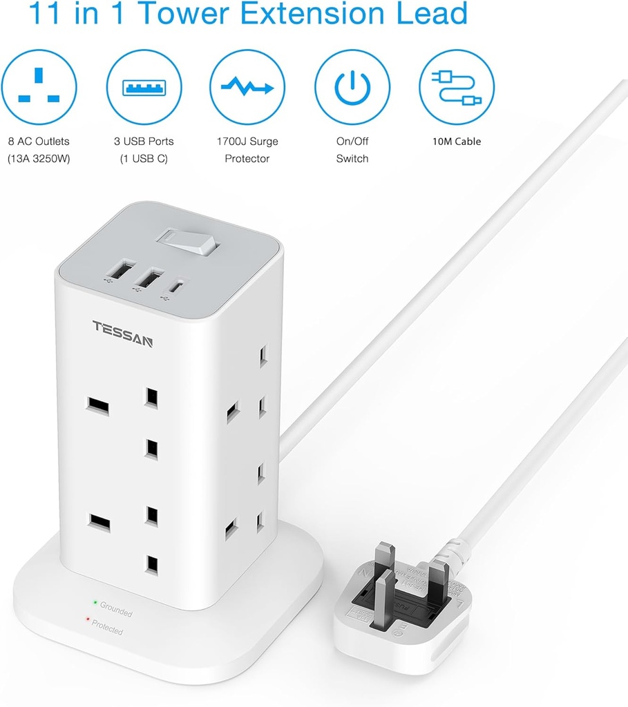 Tessan 8-Gang Extension 2 USB-A USB C 2m 13A TPS03-UK-C