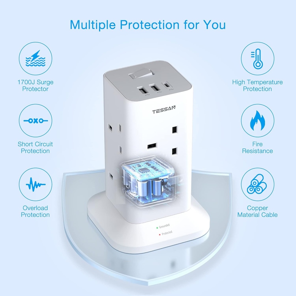 Tessan 8-Gang Extension 2 USB-A USB C 2m 13A TPS03-UK-C