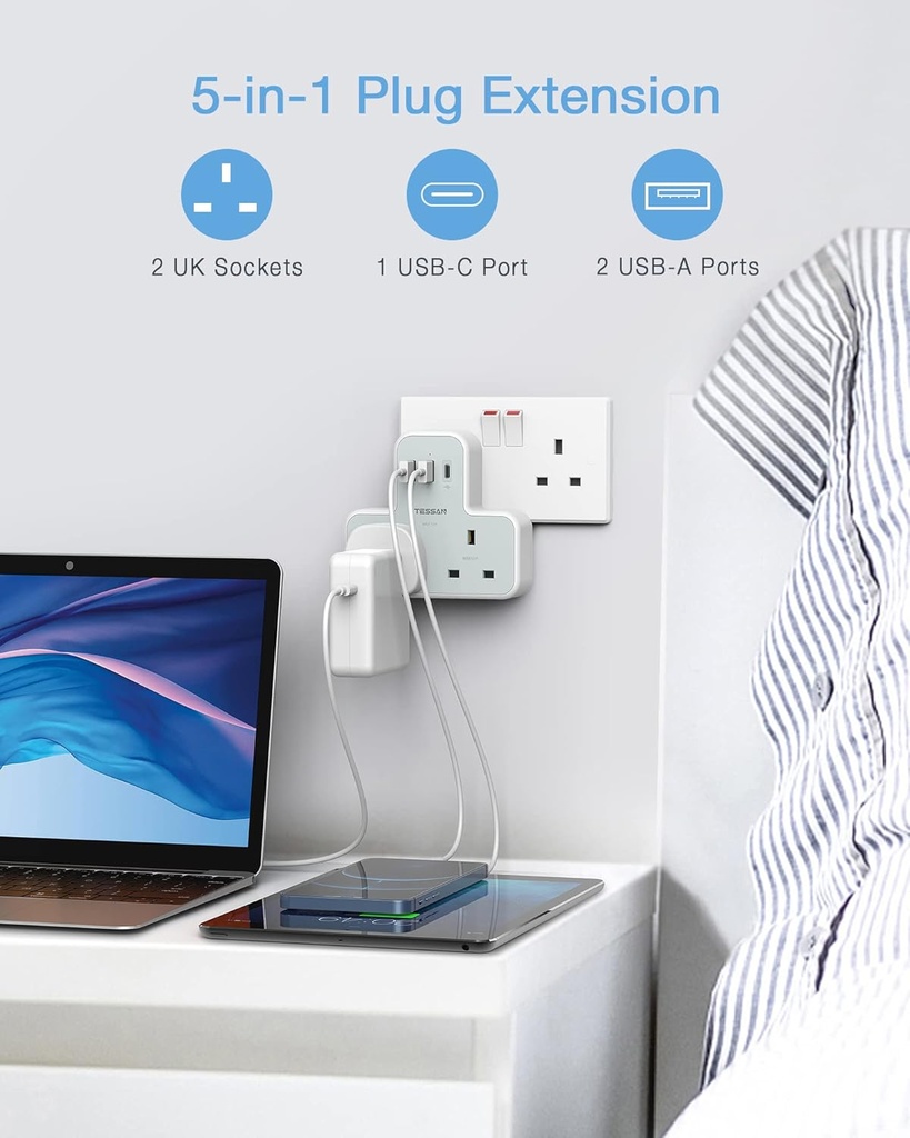 Tessan 2-Gang plug Through UK Charger 2 USB A USB C 13A TS-221-C