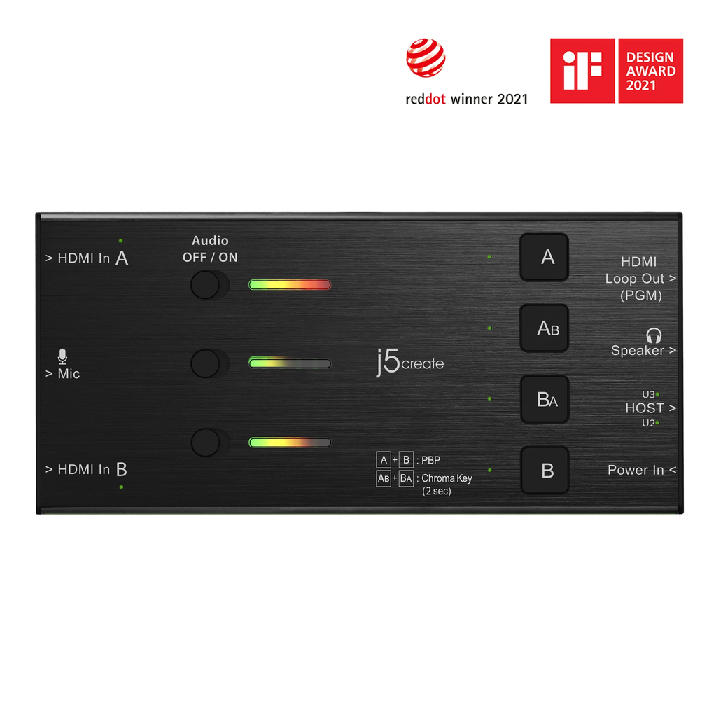 j5create Capture Card Dual HDMI to USB-C/A 1080p 3.5mm/DSLR/PD Windows/Android JVA06