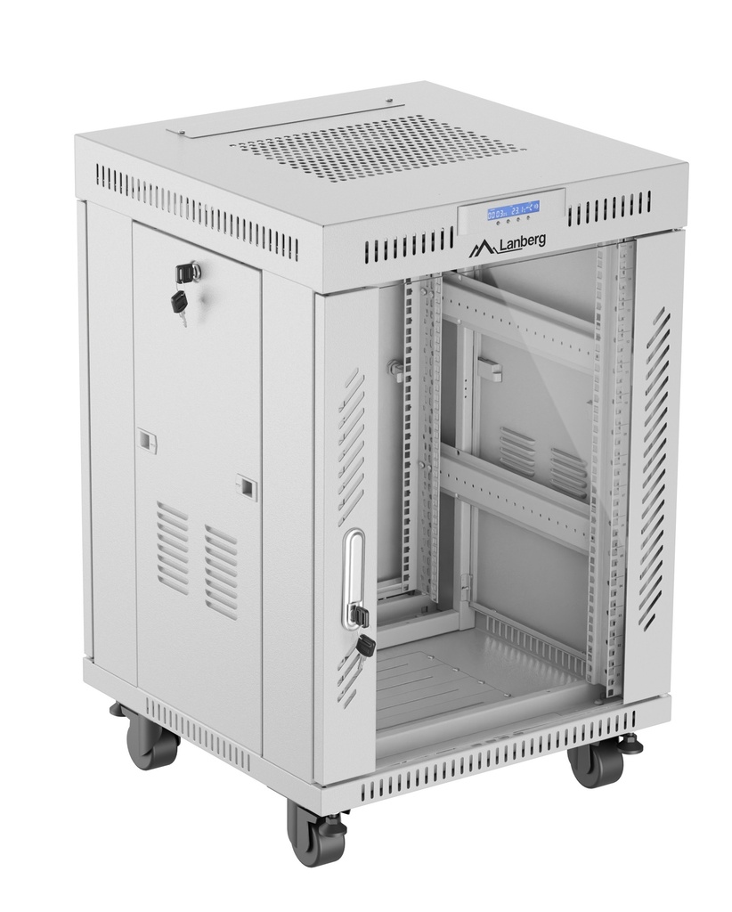 Lanberg Free Standing Cabinet 19'' with Glass Door 15U 60cm Ventilation Panel with LCD, 2 Fans & Thermostat Grey (not as