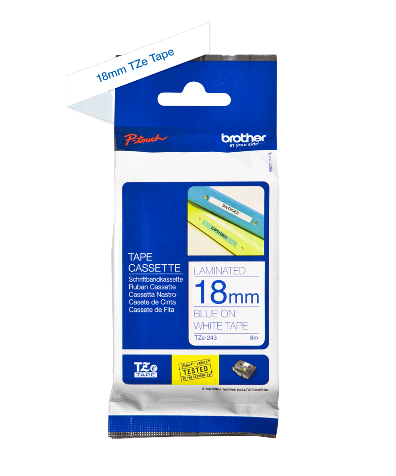 TZE243 (D) 18mm Blue On White Tape