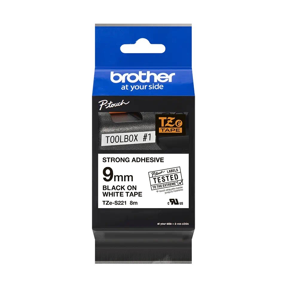 TZeS221 9mm BLACK ON WHITE 8m STRONG ADHESIVE BROTHER P-TOUCH TAPE