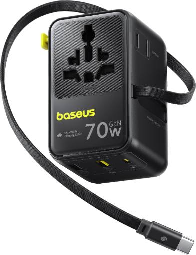 [29358] Baseus Charger Wall 70W EnerCore CG11 Universal Travel Adapter with Retractable Cable s Black